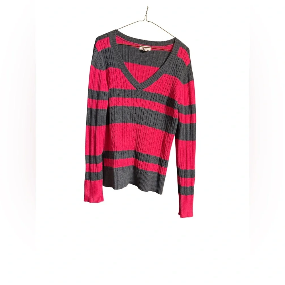 Pink & Gray Striped Cable Knit V-Neck Sweater XXL Oversized Cozy Preppy - Picture 2 of 3